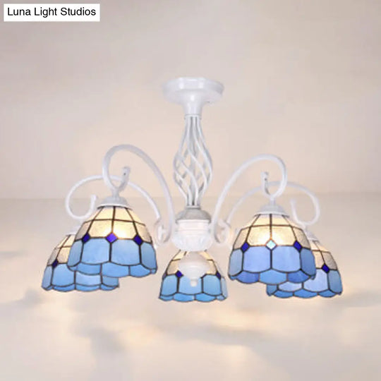 Tiffany Style Semi Flush Mount Light: 3/5-Light White/Blue/Sky Blue Shade For Living Room 5 /