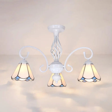 Tiffany Style Semi Flush Mount Light: 3/5-Light White/Blue/Sky Blue Shade For Living Room 3 / White