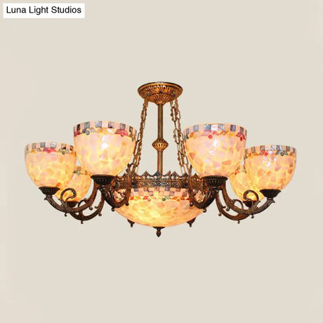 Tiffany-Style Shell Domed Ceiling Chandelier With Adjustable Beige Suspension - 5/9/11 Lights For