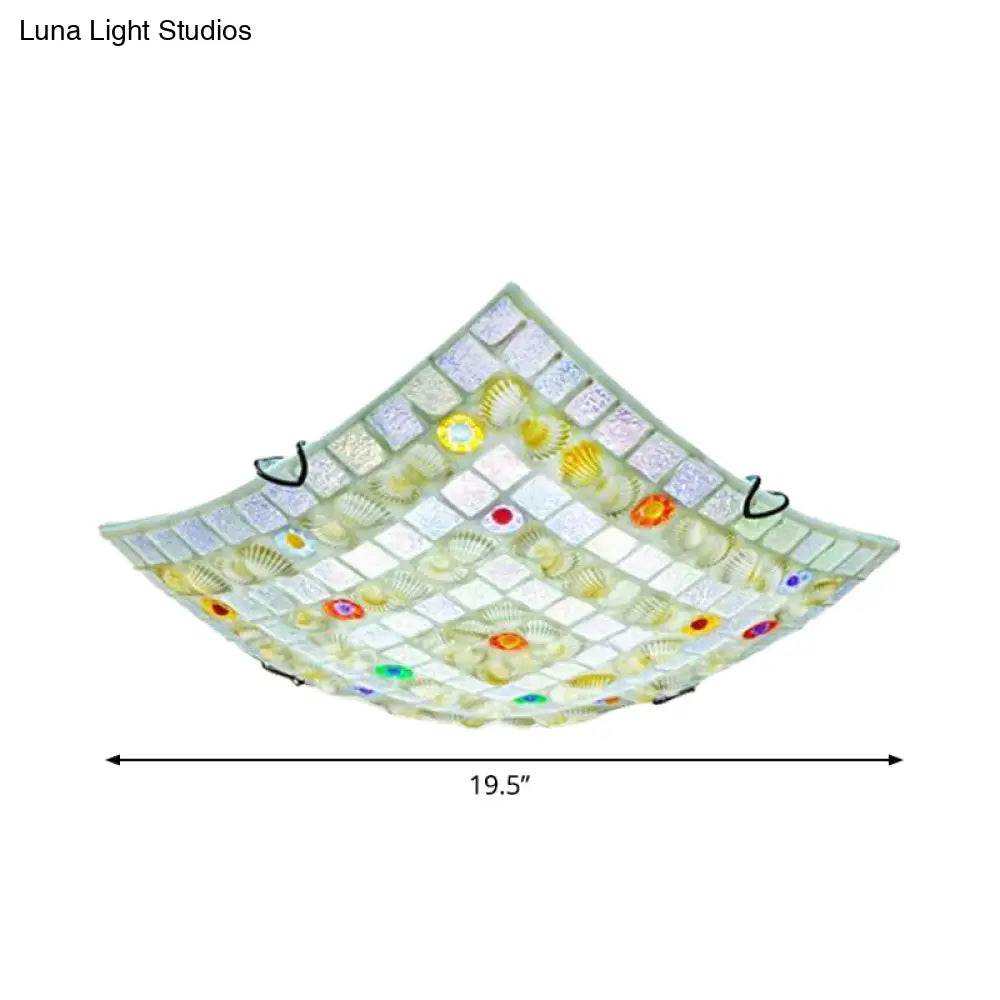 Tiffany Style Square Shell Flush Mount Ceiling Light With 3 Lights White - Ideal For Kitchen