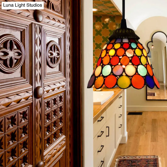 Tiffany-Style Bell Pendant Light: Single Head Stained Art Glass Down Lighting In Black