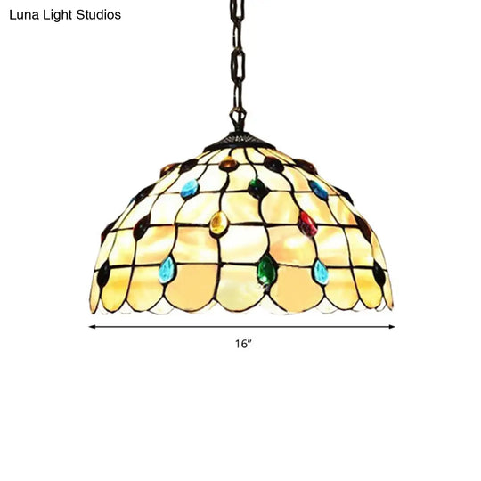 Tiffany-Style Stained Glass Pendant Lamp With 2 Beige Heads And Cabochons Gemstone