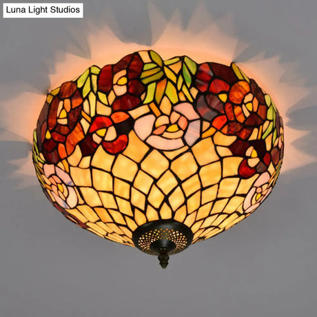 Tiffany-Style Stained Glass Ceiling Lamp In Bronze With 3 Bulb Flush Mount