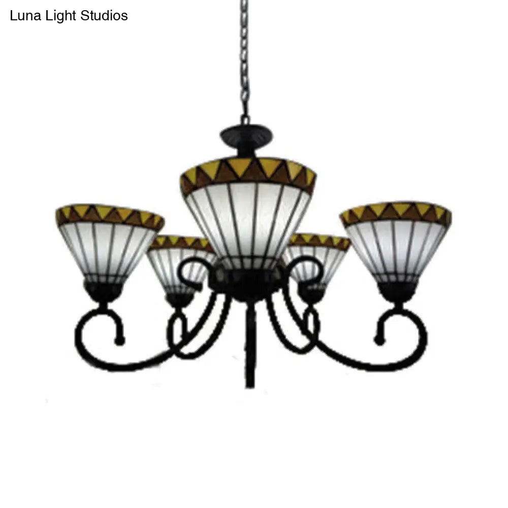 Tiffany Style Stained Glass Chandelier: Curved Arm Pendant Lamp With 5 Yellow/Blue Lights