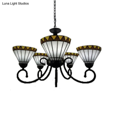 Tiffany Style Stained Glass Chandelier: Curved Arm Pendant Lamp With 5 Yellow/Blue Lights