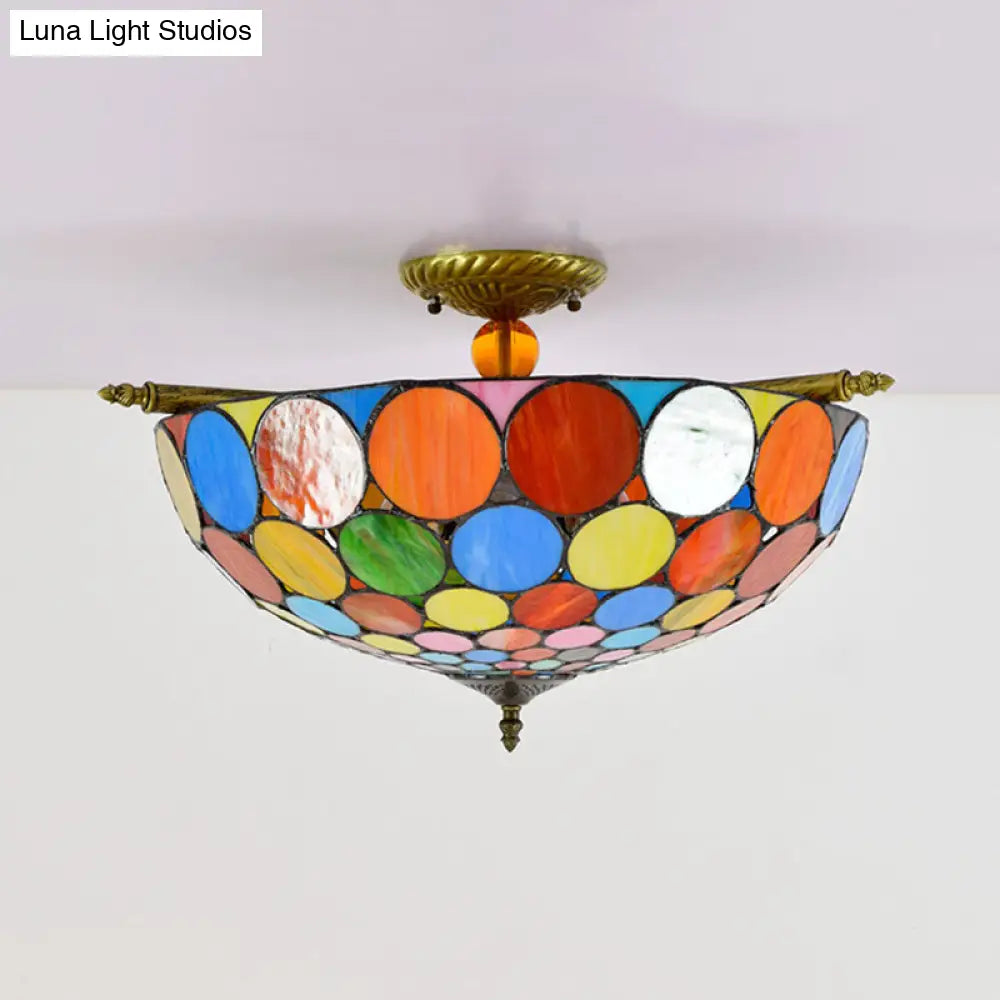 Tiffany - Style Stained Glass Circle Flush Mount Lighting With 5 Brass Heads - 21.5’/25.5’ Wide