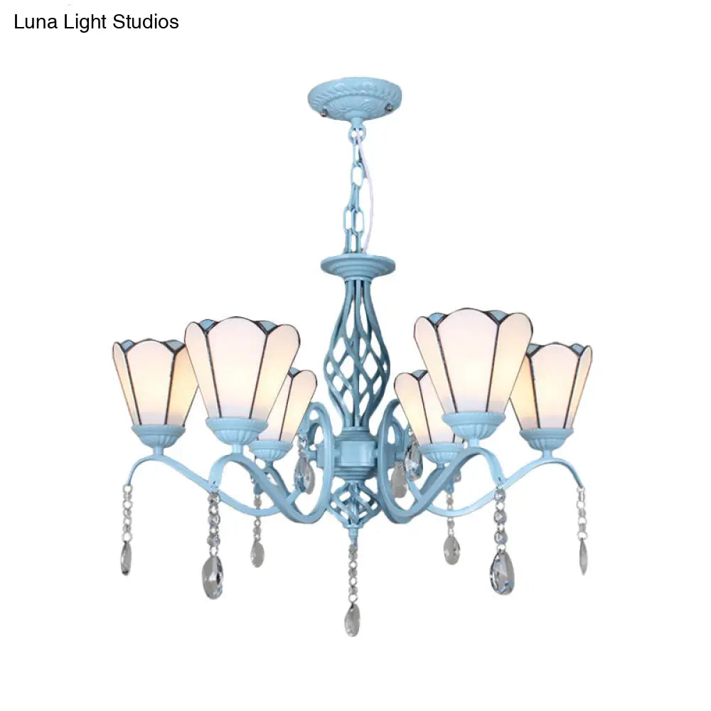 Tiffany Style Cone Pendant Light With Adjustable Chain In White/Blue/Clear Stained Glass - Perfect