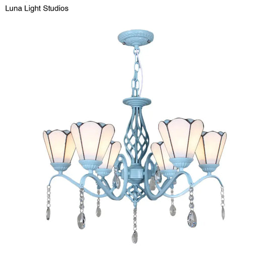 Tiffany Style Cone Pendant Light With Adjustable Chain In White/Blue/Clear Stained Glass - Perfect