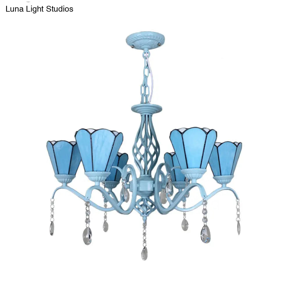 Tiffany Style Cone Pendant Light With Adjustable Chain In White/Blue/Clear Stained Glass - Perfect