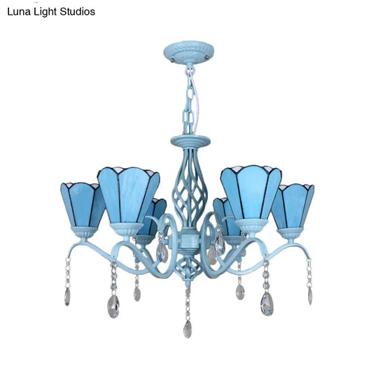 Tiffany Style Cone Pendant Light With Adjustable Chain In White/Blue/Clear Stained Glass - Perfect