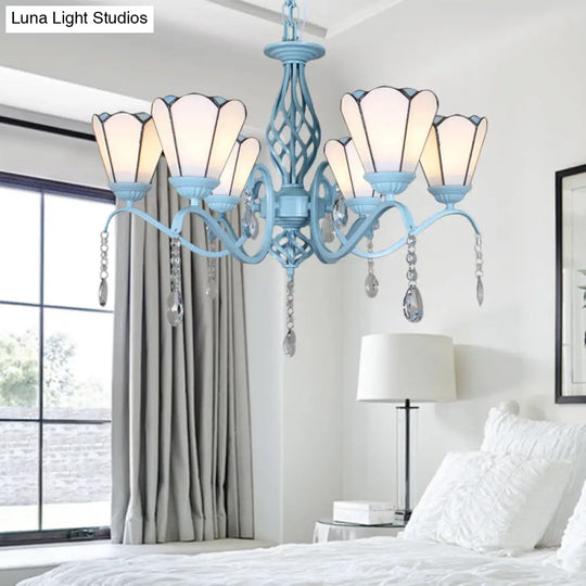 Tiffany Style Cone Pendant Light With Adjustable Chain In White/Blue/Clear Stained Glass - Perfect
