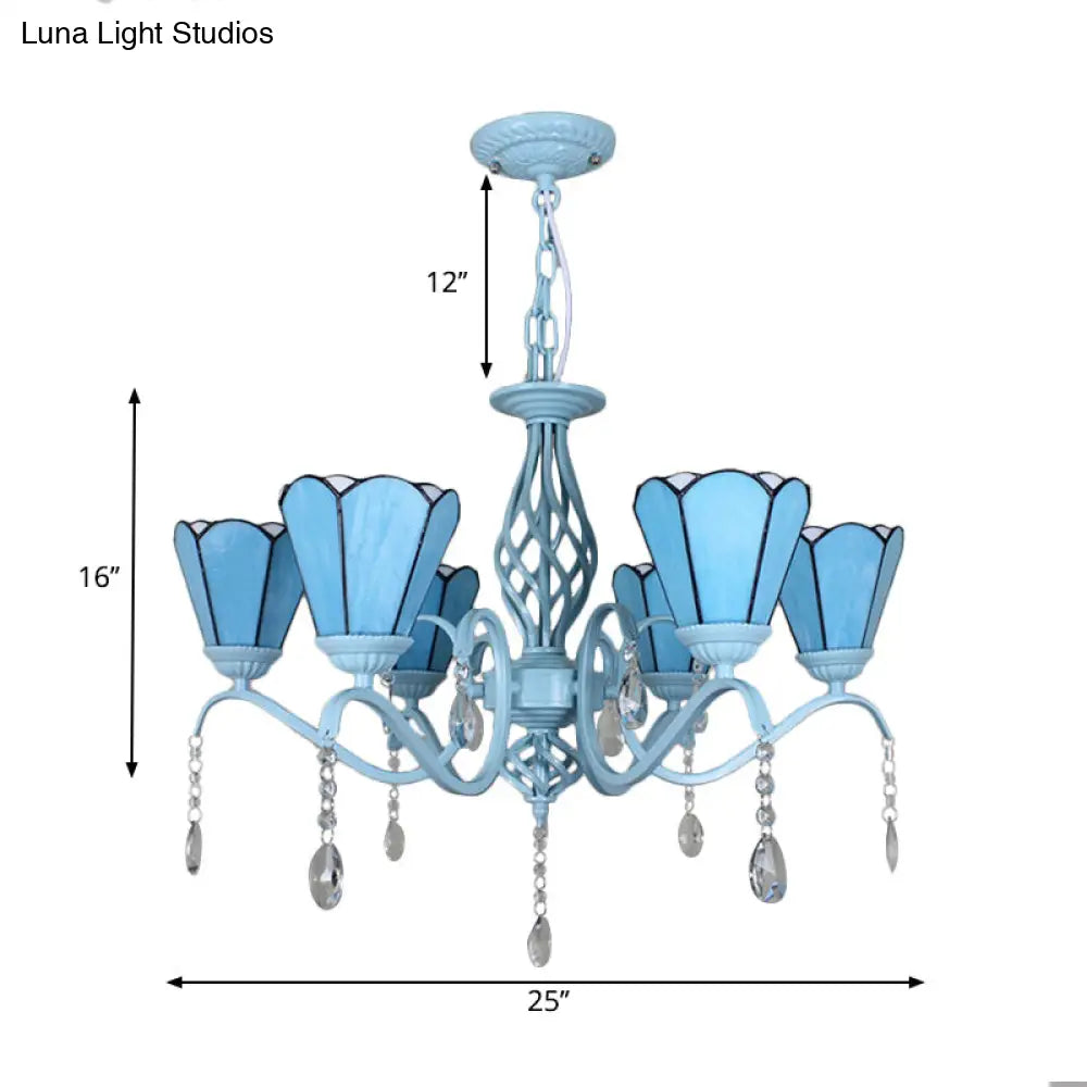 Tiffany Style Cone Pendant Light With Adjustable Chain In White/Blue/Clear Stained Glass - Perfect