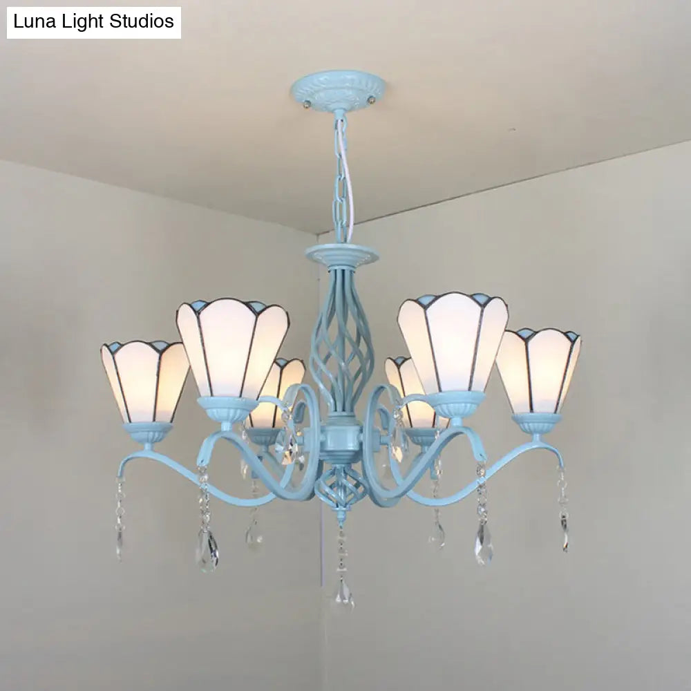 Tiffany Style Cone Pendant Light With Adjustable Chain In White/Blue/Clear Stained Glass - Perfect