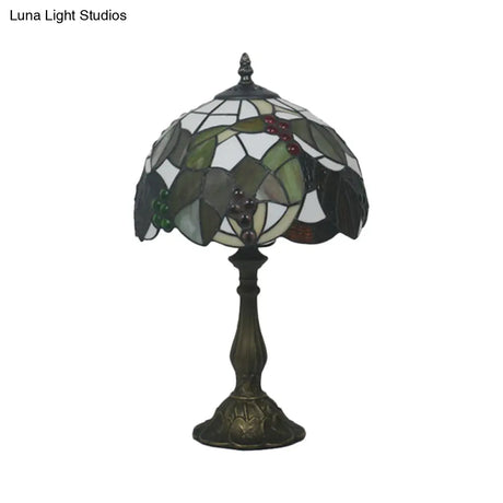 Tiffany Style Stained Glass Desk Light With Bronze Leaf And Fruit Pattern - Bowl Shape 1-Head Night