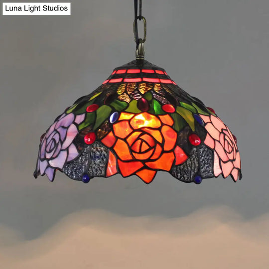 Tiffany-Style Stained Glass Pendant Light - 1-Light Dome Ceiling Hanging Fixture For Restaurants