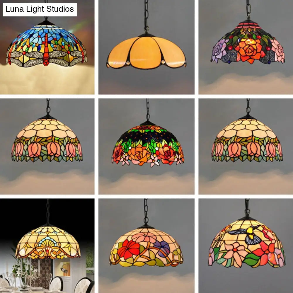 Tiffany-Style Stained Glass Pendant Light - 1-Light Dome Ceiling Hanging Fixture For Restaurants