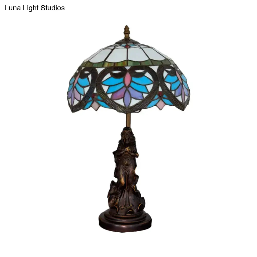 Tiffany Style Stained Glass Dome Table Lamp - Beige/Blue Color Bronze Finish Angel Decoration 1 Bulb