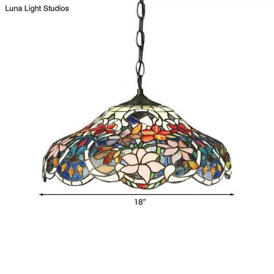 Tiffany-Style Floral Hanging Light: Stained Glass Pendant With Adjustable Metal Chain - Black 1 Bulb