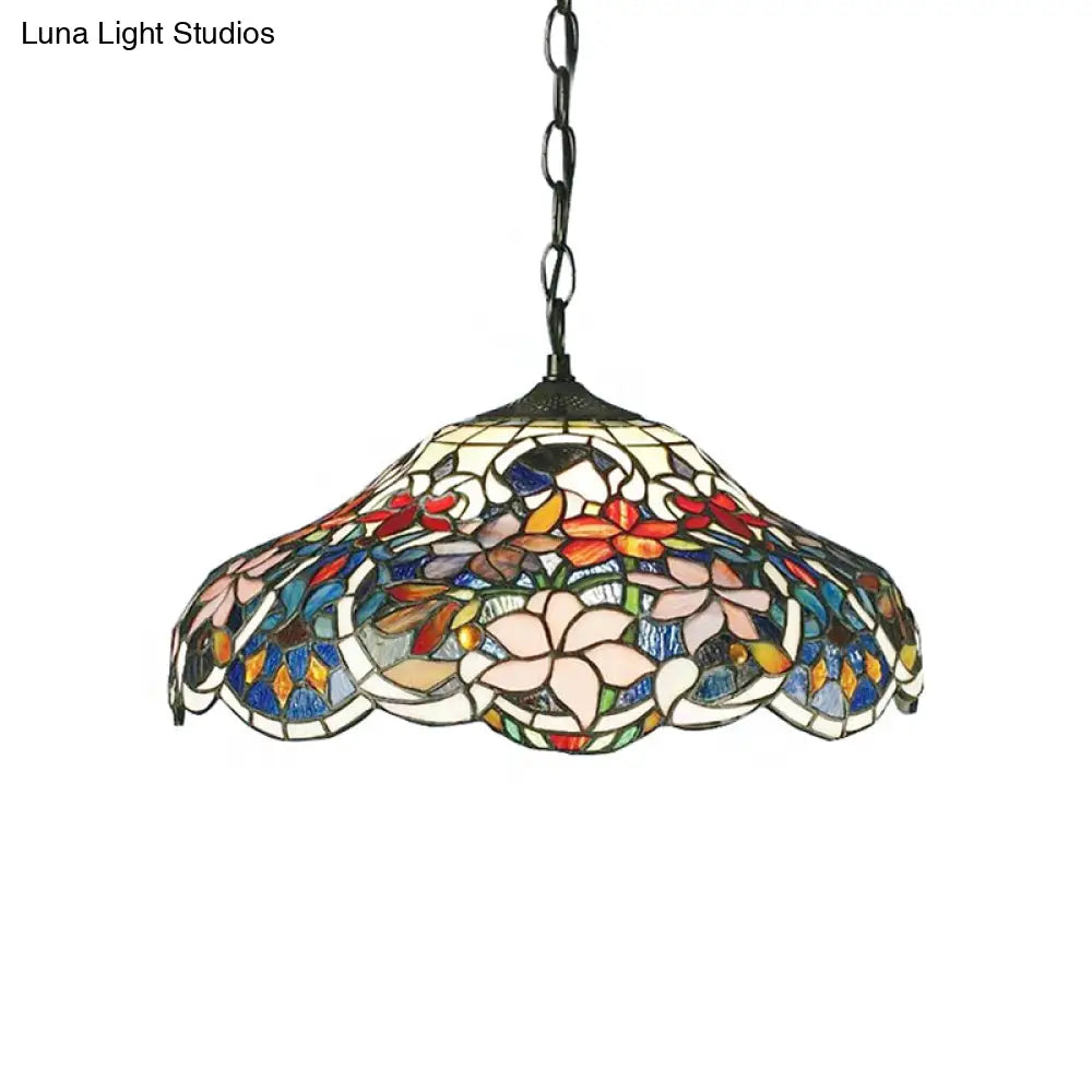 Tiffany-Style Stained Glass Floral Hanging Light - Black Pendant Fixture With Adjustable Chain