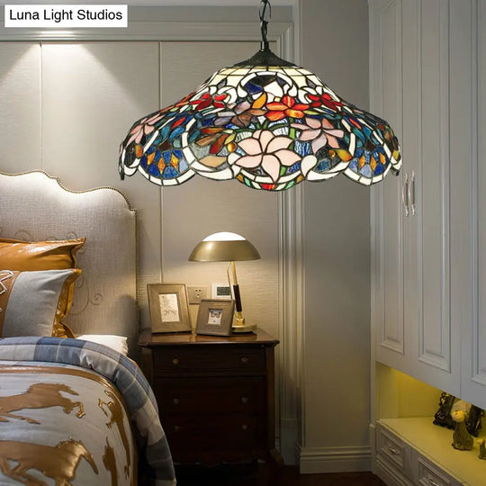 Tiffany-Style Stained Glass Floral Hanging Light - Black Pendant Fixture With Adjustable Chain