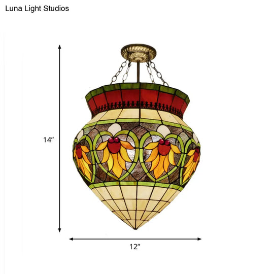 Tiffany Style Stained Glass Flower Semi Flush Mount Light - Green Ideal For Corridor Ceiling