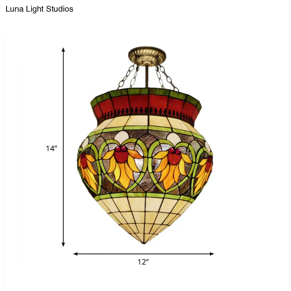 Tiffany Style Stained Glass Flower Semi Flush Mount Light - Green Ideal For Corridor Ceiling