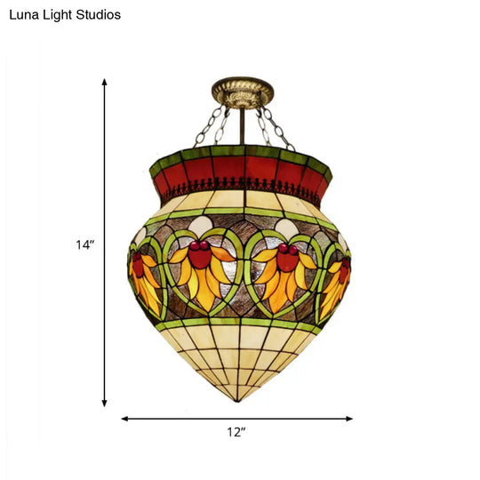 Tiffany Style Stained Glass Flower Semi Flush Mount Light - Green Ideal For Corridor Ceiling