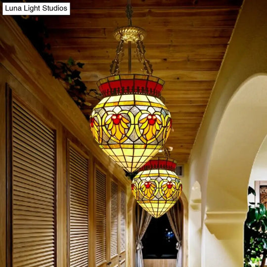 Tiffany Style Stained Glass Flower Semi Flush Mount Light - Green Ideal For Corridor Ceiling