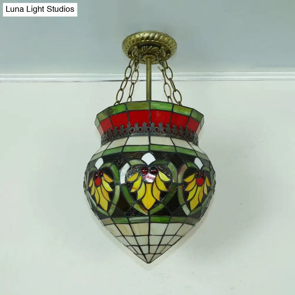 Tiffany Style Stained Glass Flower Semi Flush Mount Light - Green Ideal For Corridor Ceiling