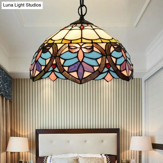 Bowl-Shaped Tiffany Style Hanging Lamp - Colorful Stained Glass 1-Light Pendant For Dining Room