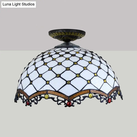 Tiffany-Style Stained Glass Jeweled Ceiling Light In Bronze Flush Mount Multiple Sizes Available