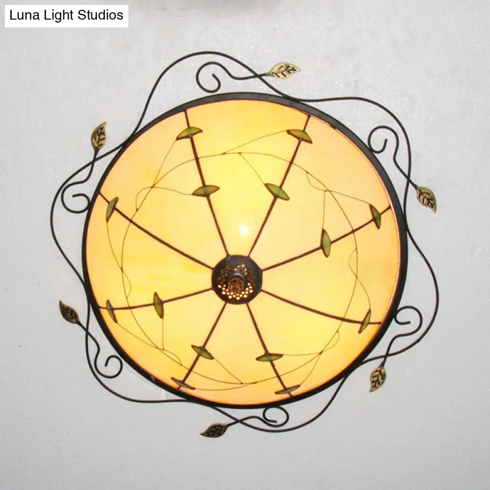 Tiffany Style Stained Glass Round Ceiling Light Fixture With Leaf Pattern - Beige/Blue 3 Bulbs Beige