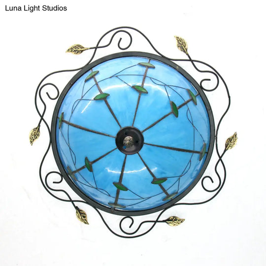 Tiffany Style Stained Glass Round Ceiling Light Fixture With Leaf Pattern - Beige/Blue 3 Bulbs