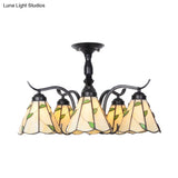 Tiffany Style Stained Glass Semi Flush Lamp - Red/Blue/Green/Blue-White 3/5 Lights Ideal For