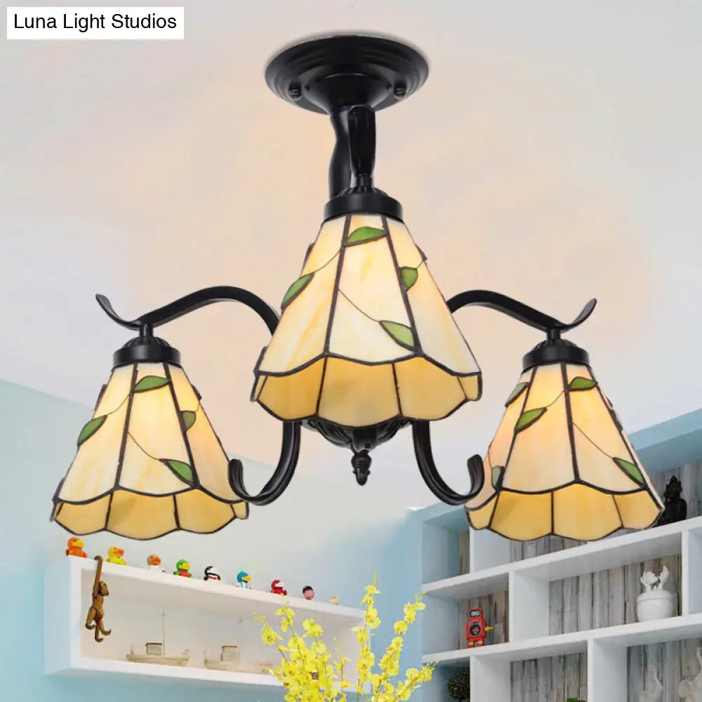 Tiffany Style Stained Glass Semi Flush Lamp - Red/Blue/Green/Blue-White 3/5 Lights Ideal For
