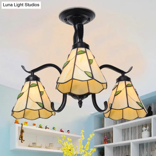 Tiffany Style Stained Glass Semi Flush Lamp - Red/Blue/Green/Blue-White 3/5 Lights Ideal For
