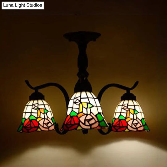Tiffany Style Stained Glass Semi Flush Lamp - Red/Blue/Green/Blue-White 3/5 Lights Ideal For