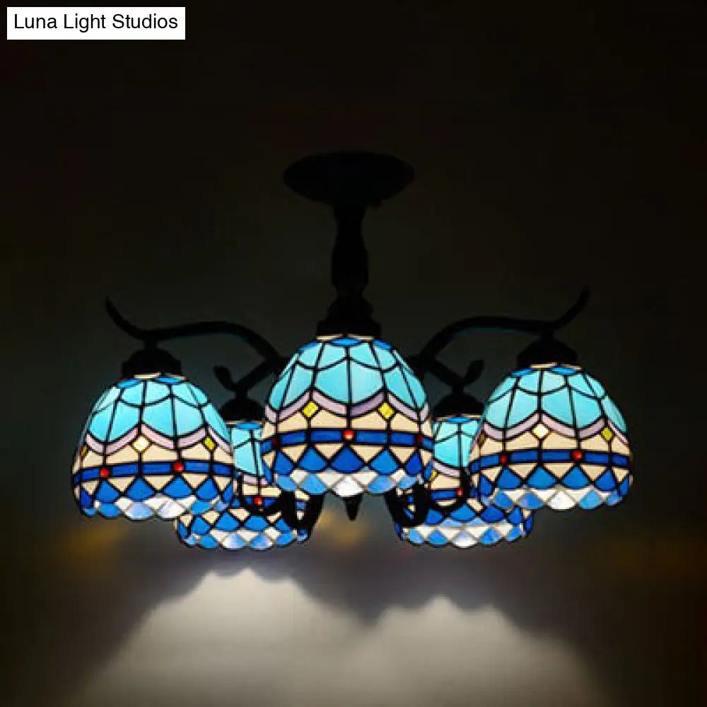 Tiffany Style Stained Glass Semi Flush Lamp - Red/Blue/Green/Blue-White 3/5 Lights Ideal For
