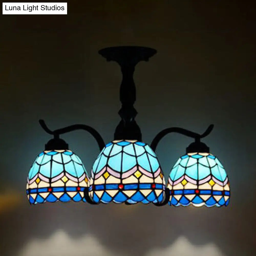 Tiffany Style Stained Glass Semi Flush Lamp - Red/Blue/Green/Blue-White 3/5 Lights Ideal For