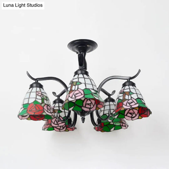 Tiffany Style Stained Glass Semi Flush Lamp - Red/Blue/Green/Blue-White 3/5 Lights Ideal For