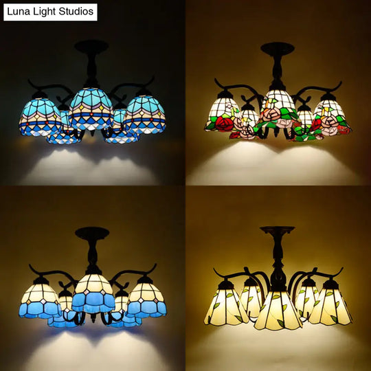 Tiffany Style Stained Glass Semi Flush Lamp - Red/Blue/Green/Blue-White 3/5 Lights Ideal For