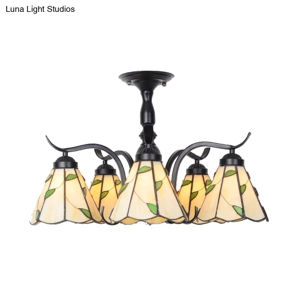 Tiffany Style Stained Glass Semi Flush Lamp - Red/Blue/Green/Blue-White 3/5 Lights Ideal For