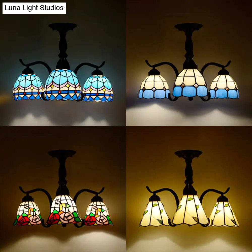 Tiffany Style Stained Glass Semi Flush Lamp - Red/Blue/Green/Blue-White 3/5 Lights Ideal For