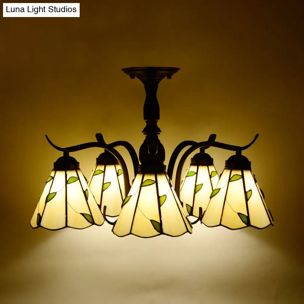 Tiffany Style Stained Glass Semi Flush Lamp - Red/Blue/Green/Blue-White 3/5 Lights Ideal For