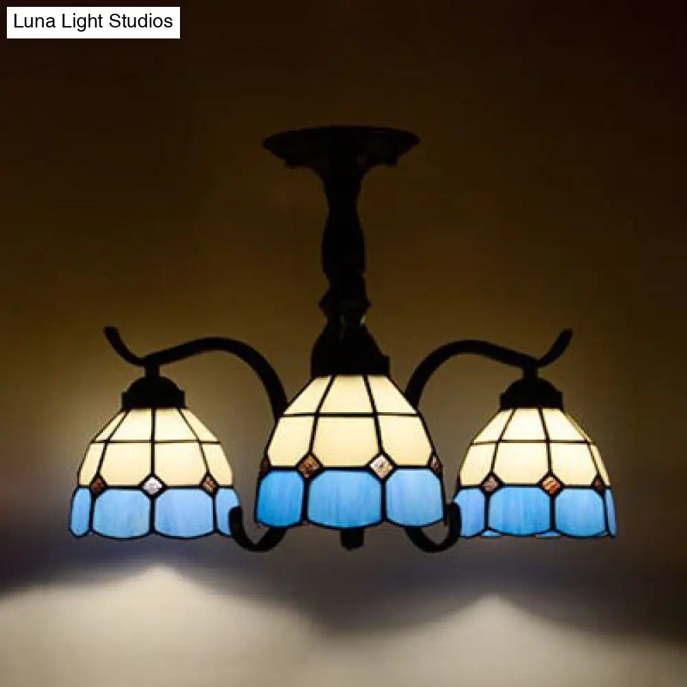 Tiffany Style Stained Glass Semi Flush Lamp - Red/Blue/Green/Blue-White 3/5 Lights Ideal For