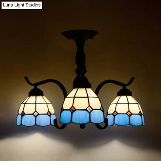 Tiffany Style Stained Glass Semi Flush Lamp - Red/Blue/Green/Blue-White 3/5 Lights Ideal For