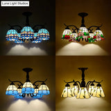 Tiffany Style Stained Glass Semi Flush Lamp - Red/Blue/Green/Blue-White 3/5 Lights Ideal For
