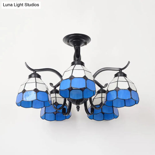 Tiffany Style Stained Glass Semi Flush Lamp - Red/Blue/Green/Blue-White 3/5 Lights Ideal For