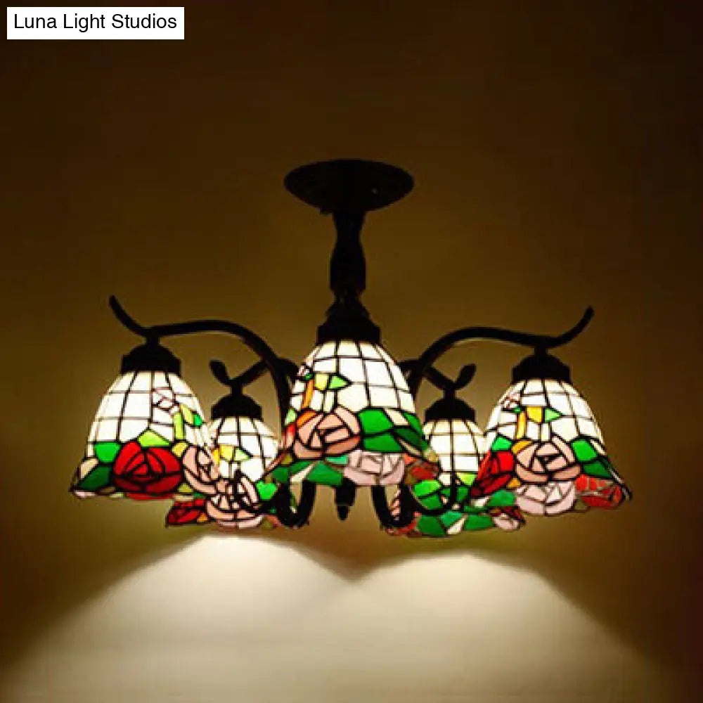 Tiffany Style Stained Glass Semi Flush Lamp - Red/Blue/Green/Blue-White 3/5 Lights Ideal For