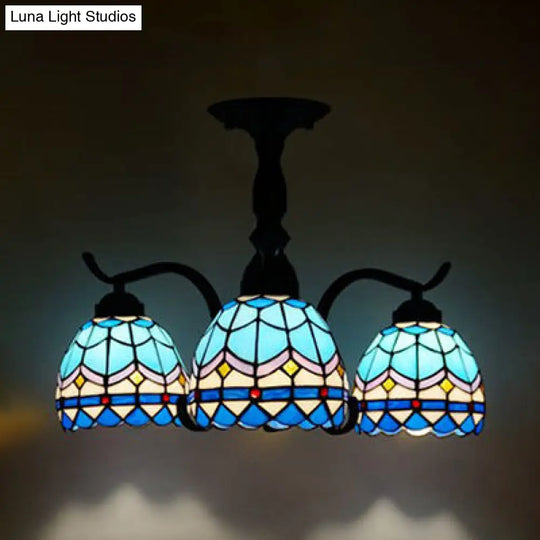 Tiffany Style Stained Glass Semi Flush Lamp - Red/Blue/Green/Blue-White 3/5 Lights Ideal For